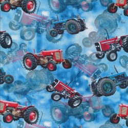 Afklip Bomuld/lycra økotex m/digitalt tryk med traktor i lyseblå, blå og rød 40x60 cm.