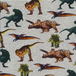 Afklip Bomuld/lycra økotex m/digitalt tryk i lysegrå meleret med dinosaurus 40x60 cm.