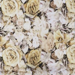 Bomuld/lycra økotex m/digitalt tryk med roser, orkideer i offwhite, creme, brune farver.