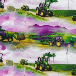 Afklip Bomuld/lycra økotex m/digitalt tryk med traktor, grønthøster i grøn, cerisse, gul.