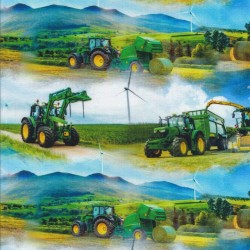 Afklip Bomuld/lycra økotex m/digitalt tryk med traktor, grønthøster i grøn, blå, gul.