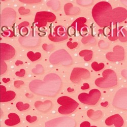Rest Bomuld/lycra økotex m/digitalt tryk, hjerter i laks, rød og lyserød, 50 cm. 
