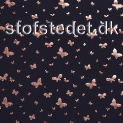 Bomuldsjersey økotex m/digitalt tryk i mørkeblå med sommerfugle i rosaguld.