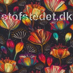 Bomuldsjersey økotex m/digitalt tryk i sort med blomster og frøstande.