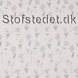Bomuldsjersey økotex m/digitalt tryk i hvid med lyserøde blomster.