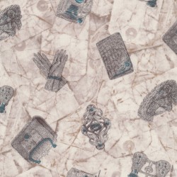 Patchwork stof i off-white grå-brun med hansker taske kikkert
