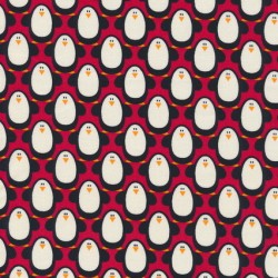 Afklip Patchwork stof med pingviner i rød, sort og hvid 50x55 cm.