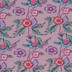 Patchwork stof med blomster i støvet syren petrol lyselilla