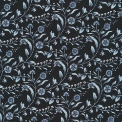 Afklip Patchwork stof i sort med bladranker i støvet lyseblå 50x55 cm.