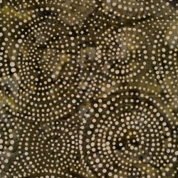 Patchworkstof batik med prikker i cirkler i oliven