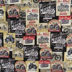 Patchwork stof med motorcykler i sort, beige, rød