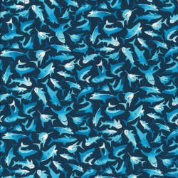 Patchwork stof i mørkeblå med hajer i mini