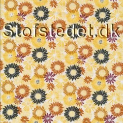 Afklip Patchwork stof med solsikke i hvid, gul, orange, rust, mørkegrøn 50x55 cm.