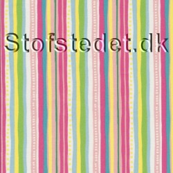 Patchworkstof stribet i hvid, pink, lime, gul