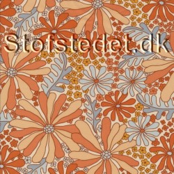 Viscose med stræk med blomster print off-white, orange, koral, lyseblå, denim.