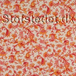 Let 100% viscosesatin med blomster i hvid, orange, koral