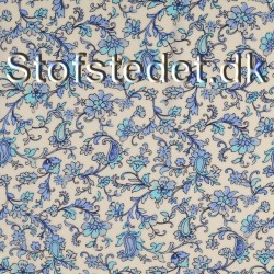 Let 100% viscosesatin med blomster i hvid, denim, turkis