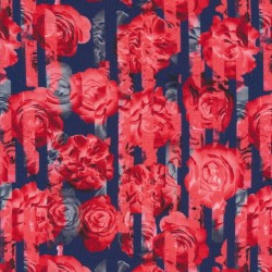 Rest Jersey i Viscose/lycra digitalprint med strib og roser i støvet blå og rød-115 cm. 