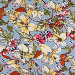 Rest Viscose jersey med blomst og blade i lyseblå, off-white, gul, brændt orange 40 cm.