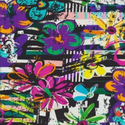 Viskose jersey i digitalprint med difuse striber og blomster - multi farvet.