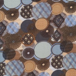 Viskose jersey med mønstrede cirkler i rust, lyseblå og brun