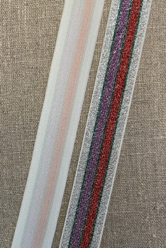 Elastik stribet med glimmer 25 mm. i sølv, rød, lilla, grøn