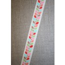 Grossgrain-bånd med blade, off-white og lyserød, 25 mm.