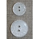 2-huls knap m/grafisk mønster, hvid/sølv, 20 mm.