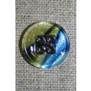 4-huls knap i glas-look, blå/gul/sort 18 mm.