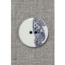 2-huls knap med sjals-/ Paisley mønster i off-white og blå 23 mm.