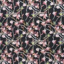 Bomuldsjersey økotex m/digitalt tryk i sort med rosa blomst og fugl