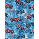 Bomuld/lycra økotex m/digitalt tryk med traktor i lyseblå, blå og rød