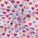 Bomuldsjersey økotex m/digitalt tryk i hvid med hjerter i pink, blå, lilla