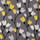 Kanvas 100% bomuld i grå med blomster i gul og hvid