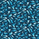 Afklip Patchwork stof i mørkeblå med hajer i mini, 50x55 cm.