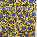 Afklip Patchwork stof med retro cirkler i gul, blå, mørkelilla- Kaffe Fassett 50x55 cm.