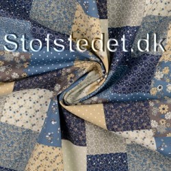 Bomuld ternet i patchwork print i støvet blå, beige, brun