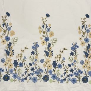 Hvid bomuld med blå blomster broderi i kant - Metervarer