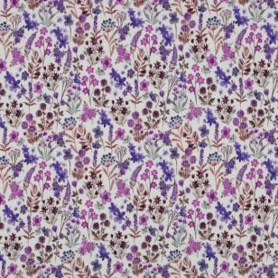 Ribstrikket jersey hvid med blomster i lilla, cerisse, pink - Børnestof