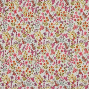 Ribstrikket jersey knækket hvid med blomster i orange, pink, lyng - Børnestof