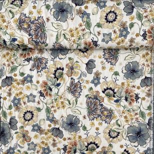 Viskose-Hør knækket hvid med blomster - Hør