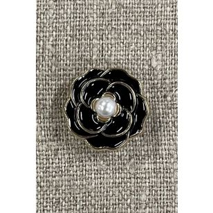 D&aelig;k-knap med blomst i sort-guld med perle - 