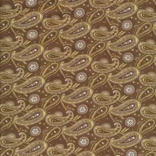 Bomuldspoplin med paisley / sjalsmønster i brun og gul - 