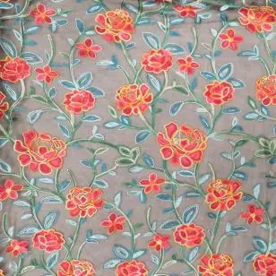 Sort mesh med broderi i hindbærrød petrol aqua - Elastisk Tyl/Mesh