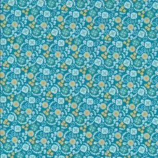 Bomuldspoplin med blomster i petrol, aqua, carry - Blomstret bomuld