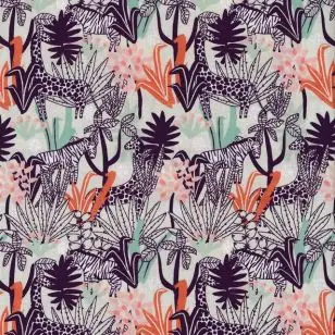 Bomuldspoplin med blade og dyr i hvid, aqua, lyserød - Bomuld med dyr