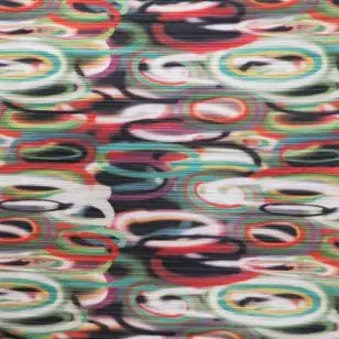Plissé jersey med multifarvede cirkler - Polyesterjersey