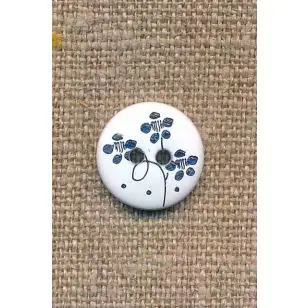 2-huls knap i hvid med blå blomst, 15 mm. - Knapper Blå, turkis og petrol