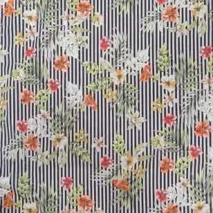 Let bomuld  med digital print med striber og blomster - Stribet bomuld