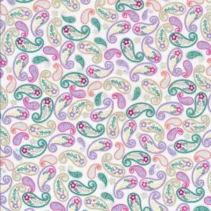 Bomulds poplin med sjalsmønster i hvid lyselilla irgrøn - Div mønstret bomuld